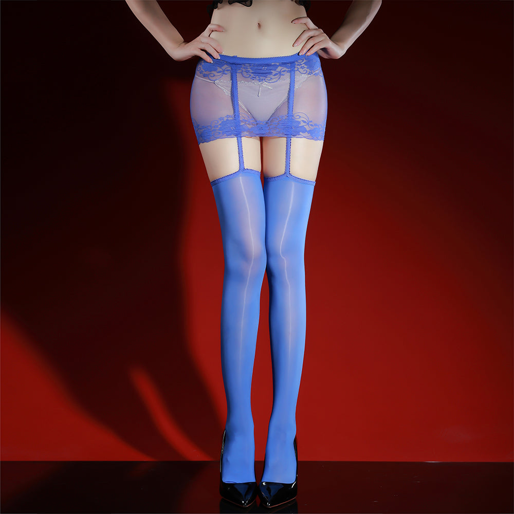 Seamless Black Lace Over-the-Knee Garter Stockings, Glossy Wet-Look Hosiery for Women