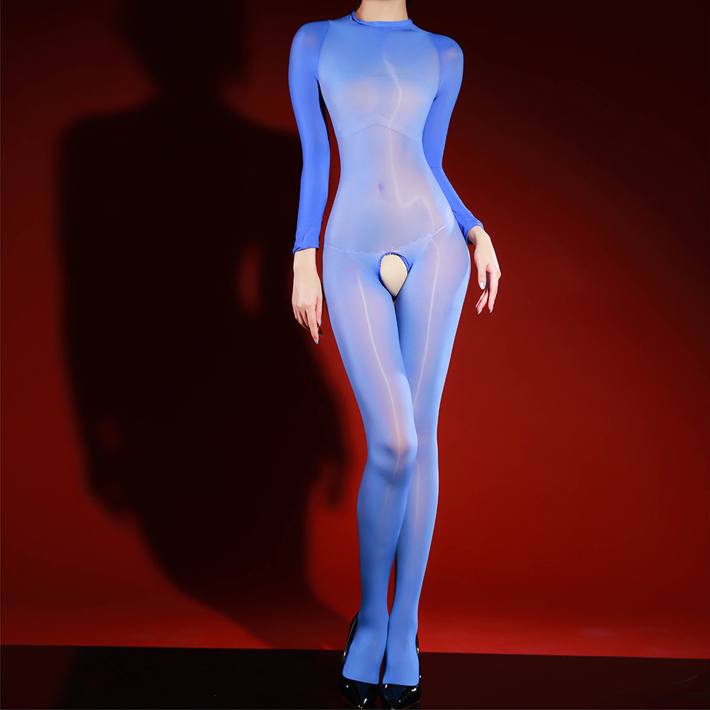 Glossy crotch-open sheer bodysuit