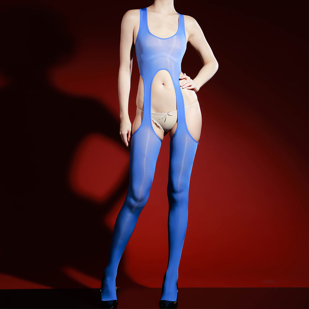 glossy crotch-open sheer bodysuit