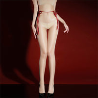 Rear view of the IOO&SILK nude sheer pantyhose with red ribbons tied at both hips thumbnail