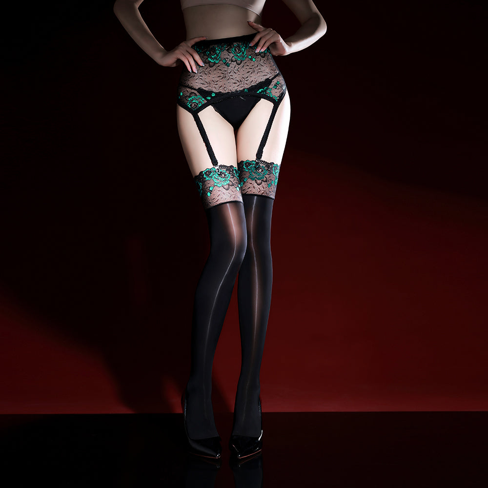 5D Lace Open Crotch Oil Sheen Easy Take Off Sexy Black Pantyhose