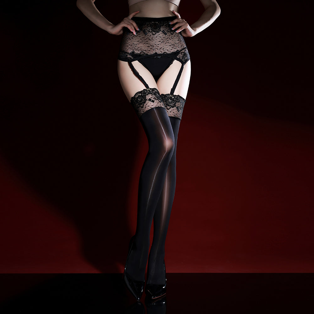 5D Lace Open Crotch Oil Sheen Easy Take Off Sexy Black Pantyhose