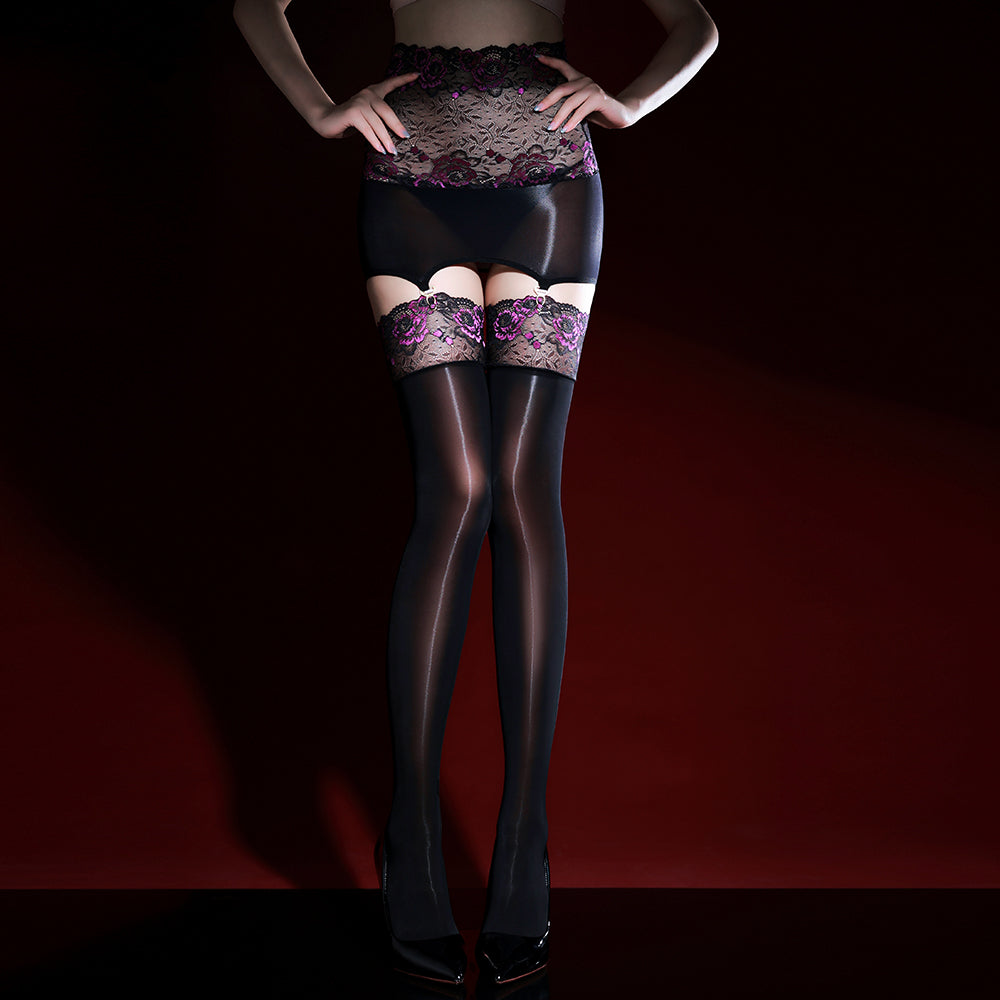 Lace Sexy Women Black Oil Sheen Ultra Thin Suspender Thigh High One-piece Hosiery
