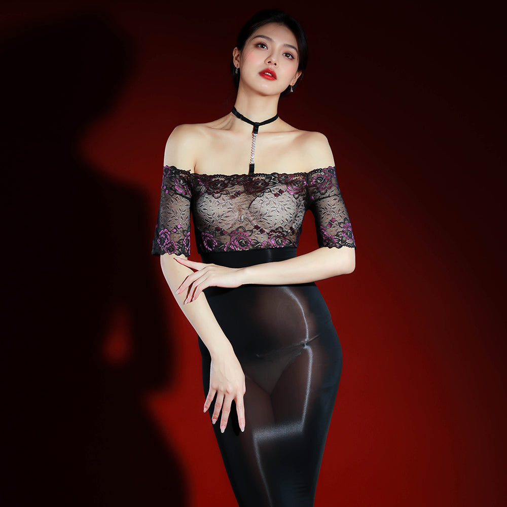 Aurora Lace Oil Sheen One-piece Full Body Easy Take Off Sexy Women Hosiery