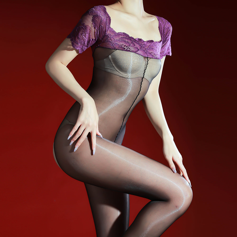 Lace Crotch-open Glossy Sheer Bodysuit