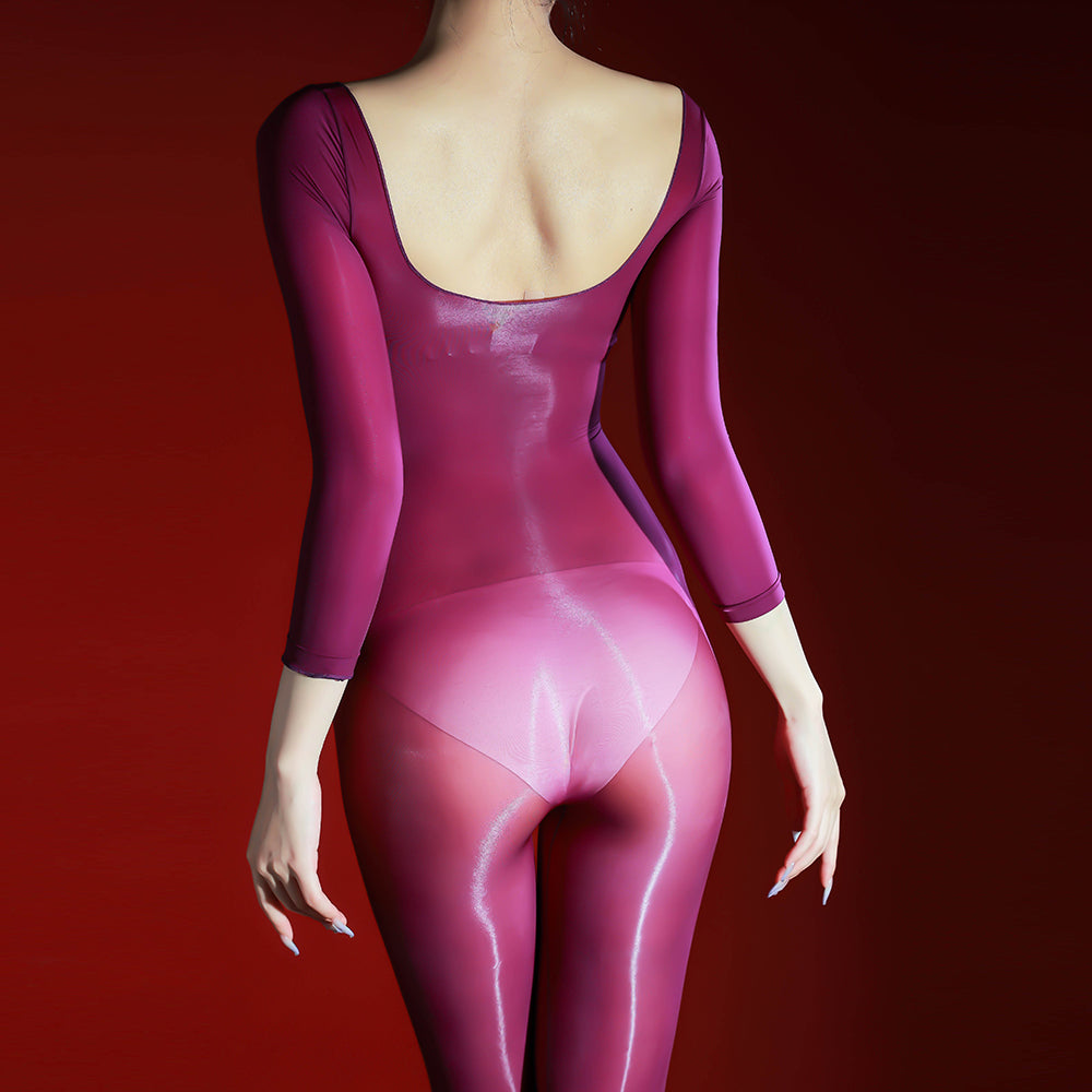 Waist Charm Black Glossy Crotch Open Sheer Bodysuit