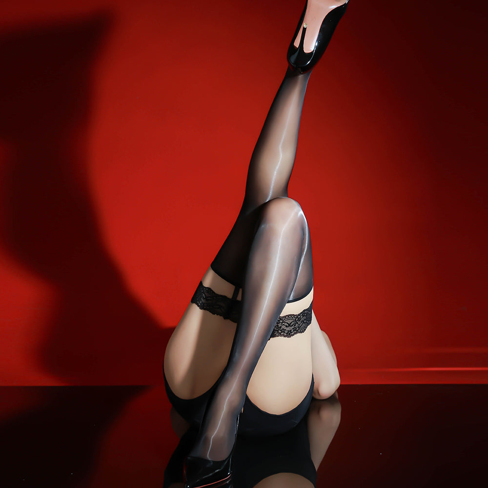 Women Lace Black Stockings, Ultra Thin Smooth Aurora Glossy Thigh High Socks