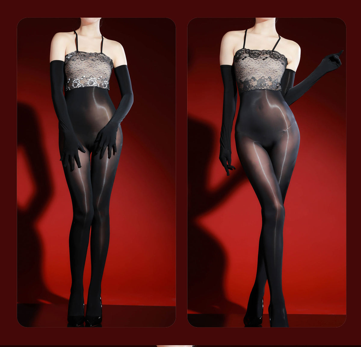 5D Ultra Sheer Glossy Lace Suspender Bodysuit with gloves