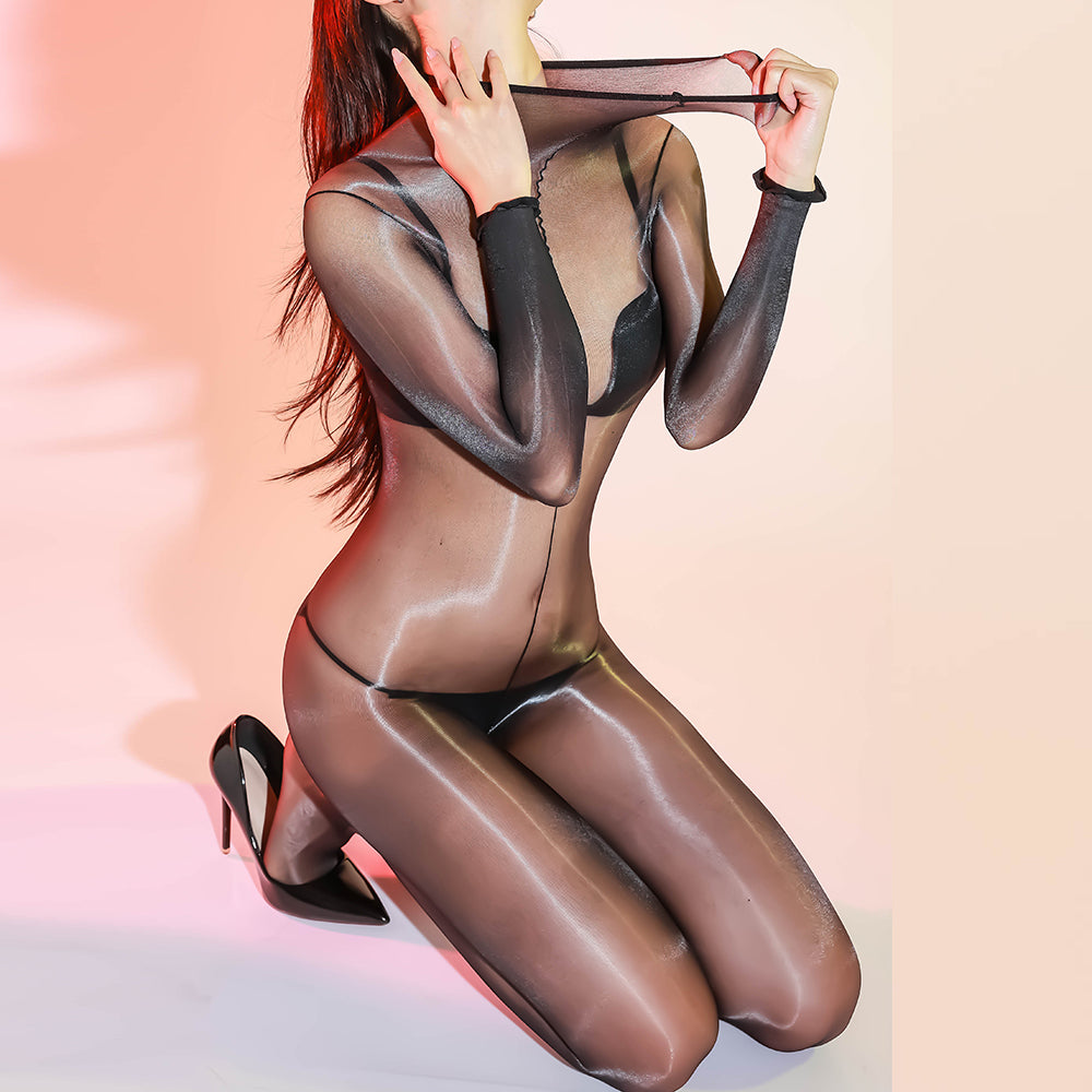 Pullover Black Glossy Aurora Crotch Open Sheer Bodysuit Lingerie