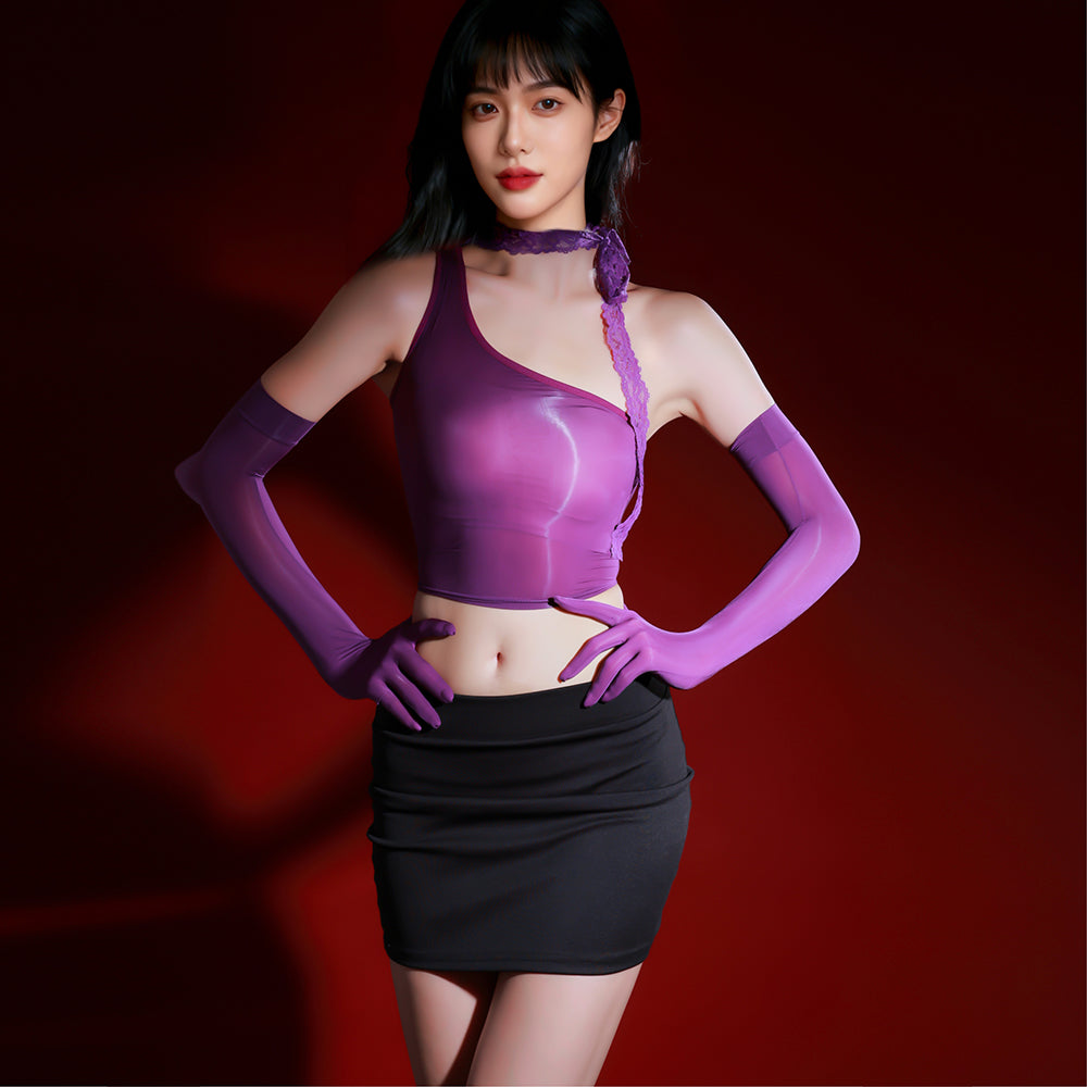 Glossy Oil Sheer Bodysuit with Lace Ribbon, Abstinent Style Lingerie