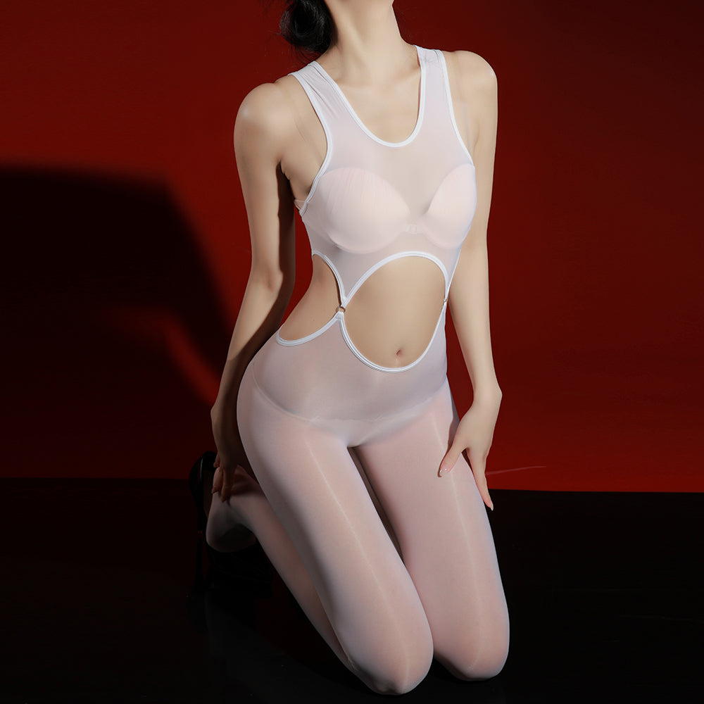 Yearn to See Black Glossy Sheer Easy Take Off Bodysuit