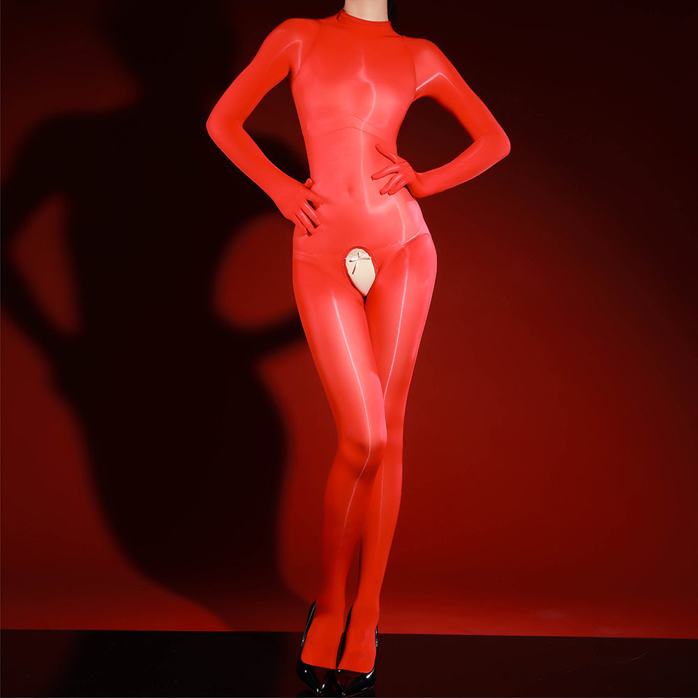 Glossy crotch-open sheer bodysuit