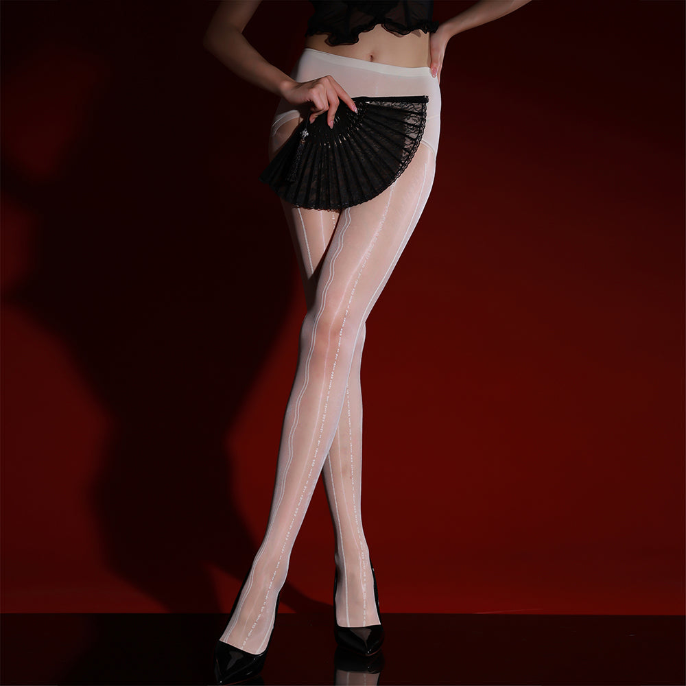 Black Seamless Pantyhose with Knitted Ripple Jacquard Lace, Aurora Iridescent Glossy Minimalist Hosiery