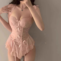 Side angle of pink corset bustier showing boning detail and flattering silhouette thumbnail