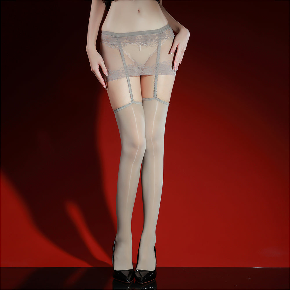 Seamless Black Lace Over-the-Knee Garter Stockings, Glossy Wet-Look Hosiery for Women