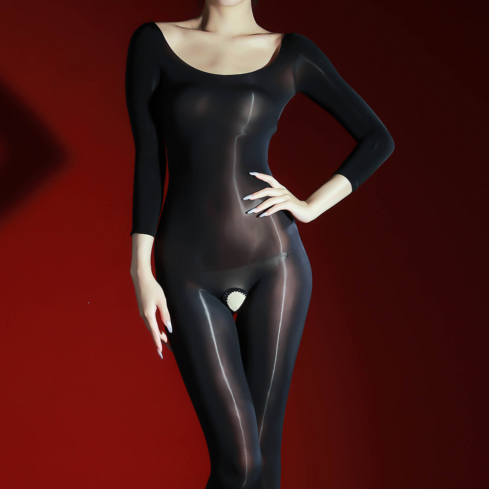 Waist Charm Black Glossy Crotch Open Sheer Bodysuit