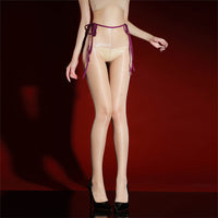 Rear view of the IOO&SILK nude sheer pantyhose with plum ribbon ties at both hips thumbnail