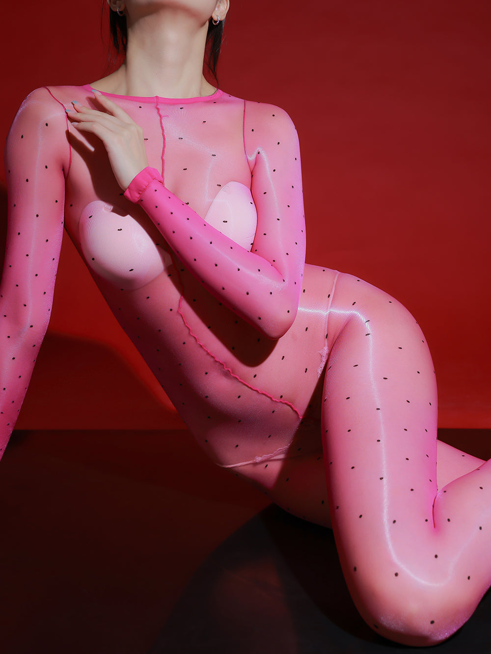 Glossy polka dot crotch-open sheer bodysuit