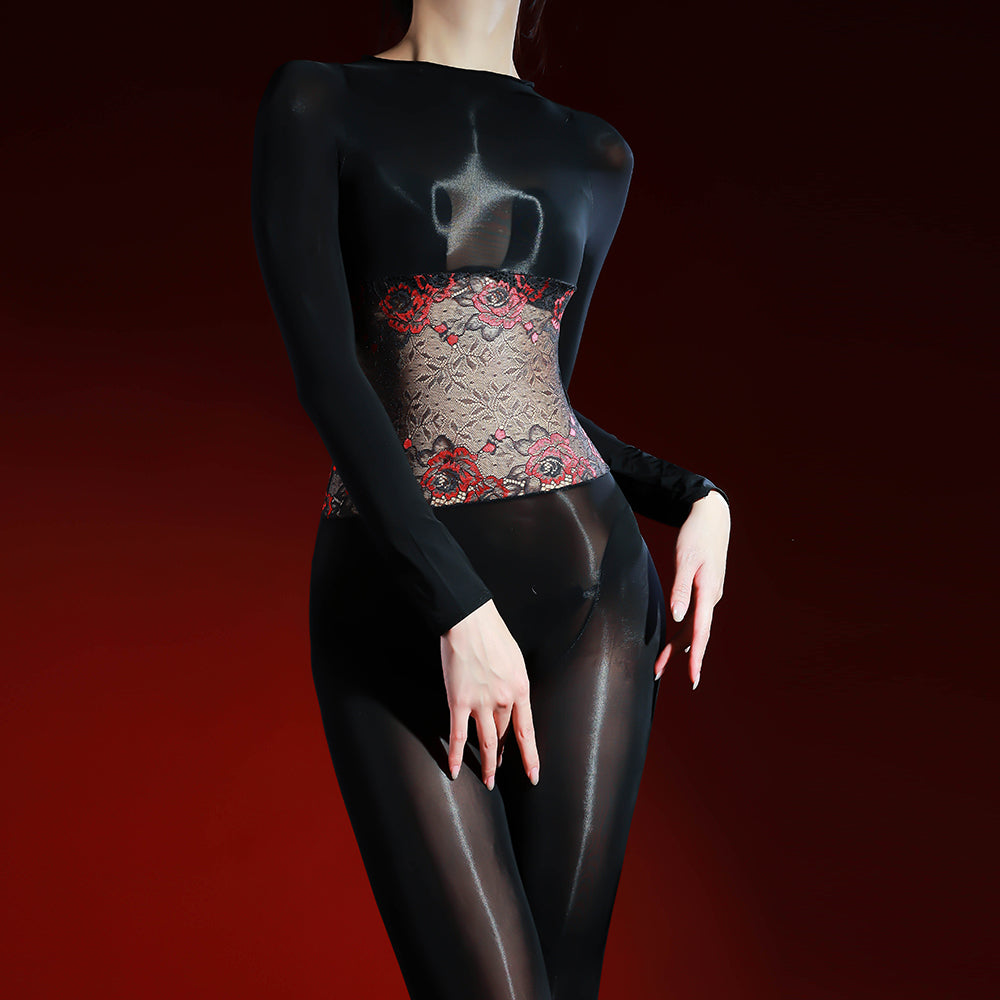 Lace Black Glossy Easy Removable Sheer Bodysuit Lingerie