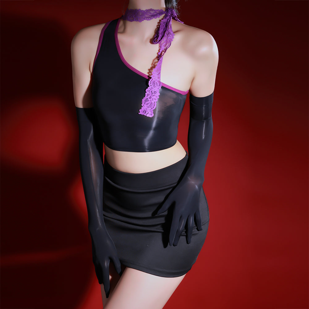 Glossy Oil Sheer Bodysuit with Lace Ribbon, Abstinent Style Lingerie