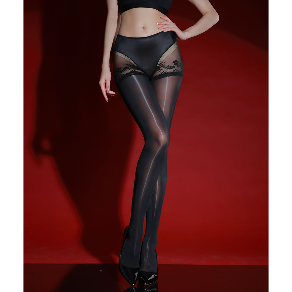 Plus Size Black Ultra Sheer Glossy Bodysuit Pantyhose, Shiny Oil Finish Women Hosiery