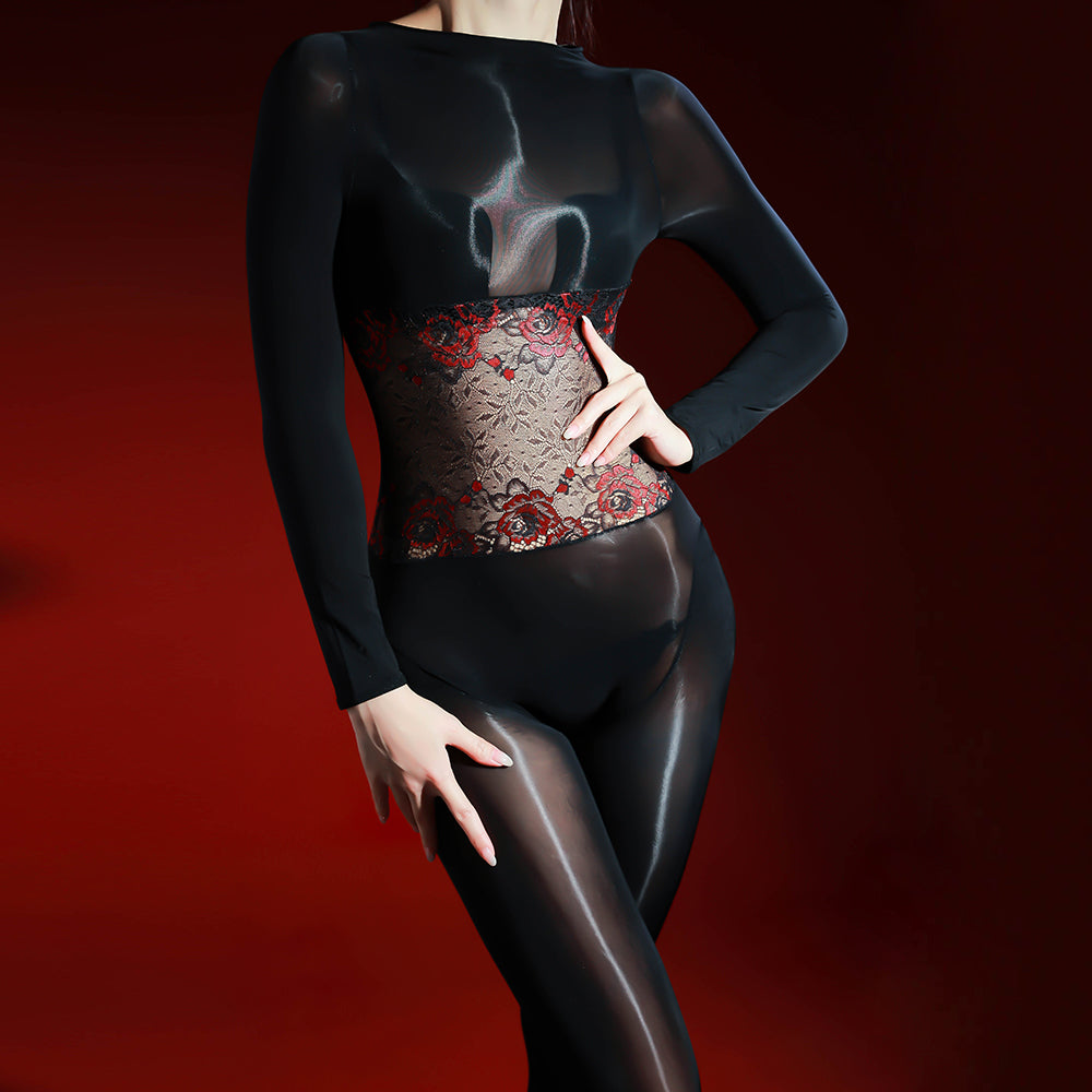 Lace Black Glossy Easy Removable Sheer Bodysuit Lingerie
