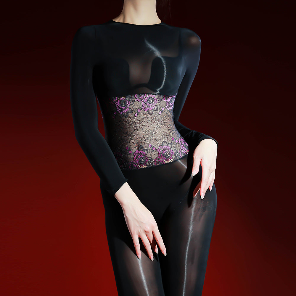 Lace Black Glossy Easy Removable Sheer Bodysuit Lingerie