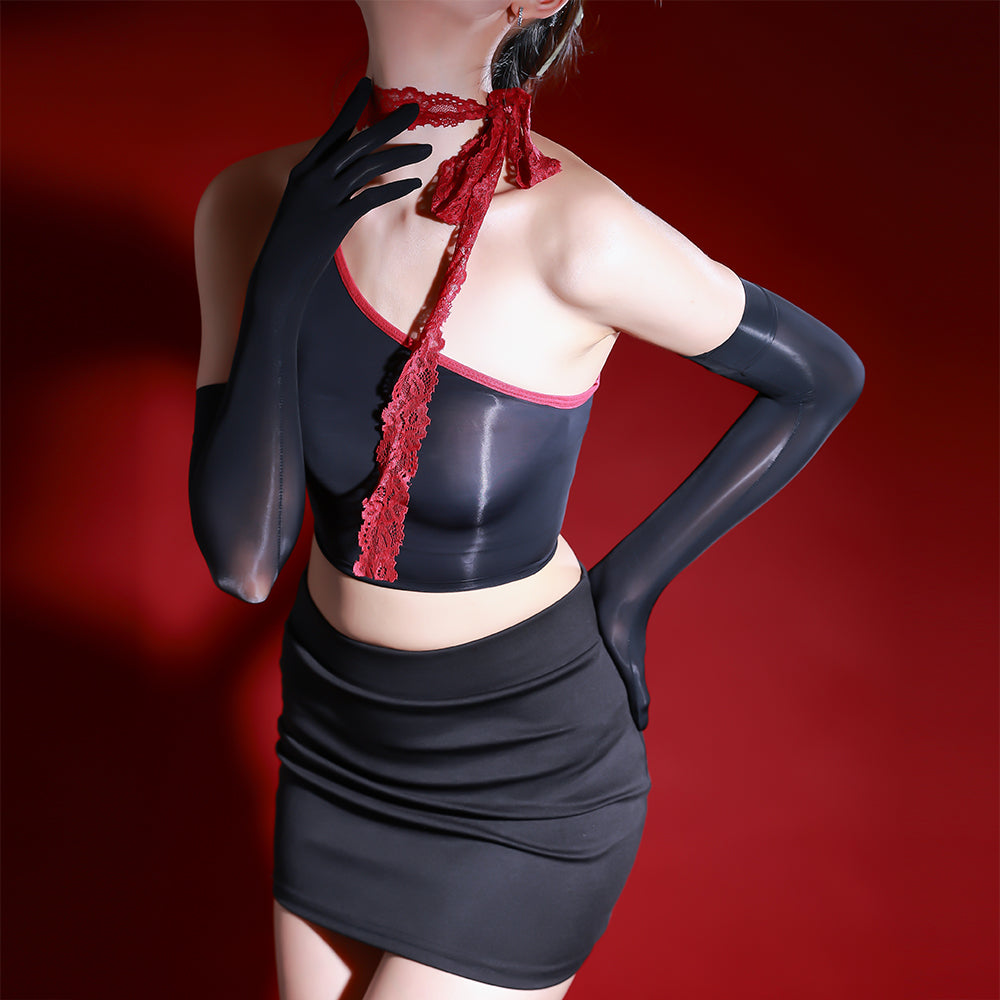 Glossy Oil Sheer Bodysuit with Lace Ribbon, Abstinent Style Lingerie