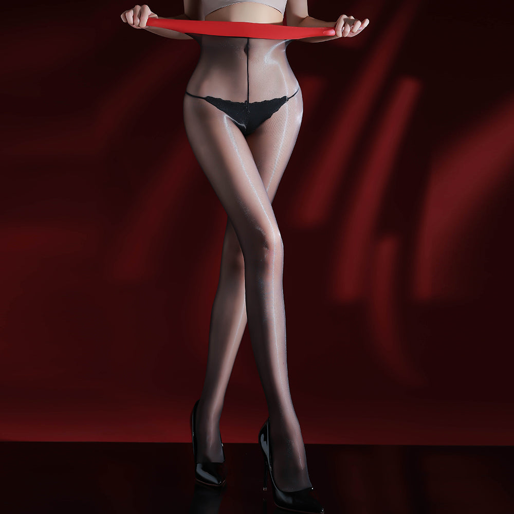 0D Ultra Thin Sheer Black Pantyhose Oil Shiny Glossy Cutout Crotchless Red Waistband Sexy Stockings