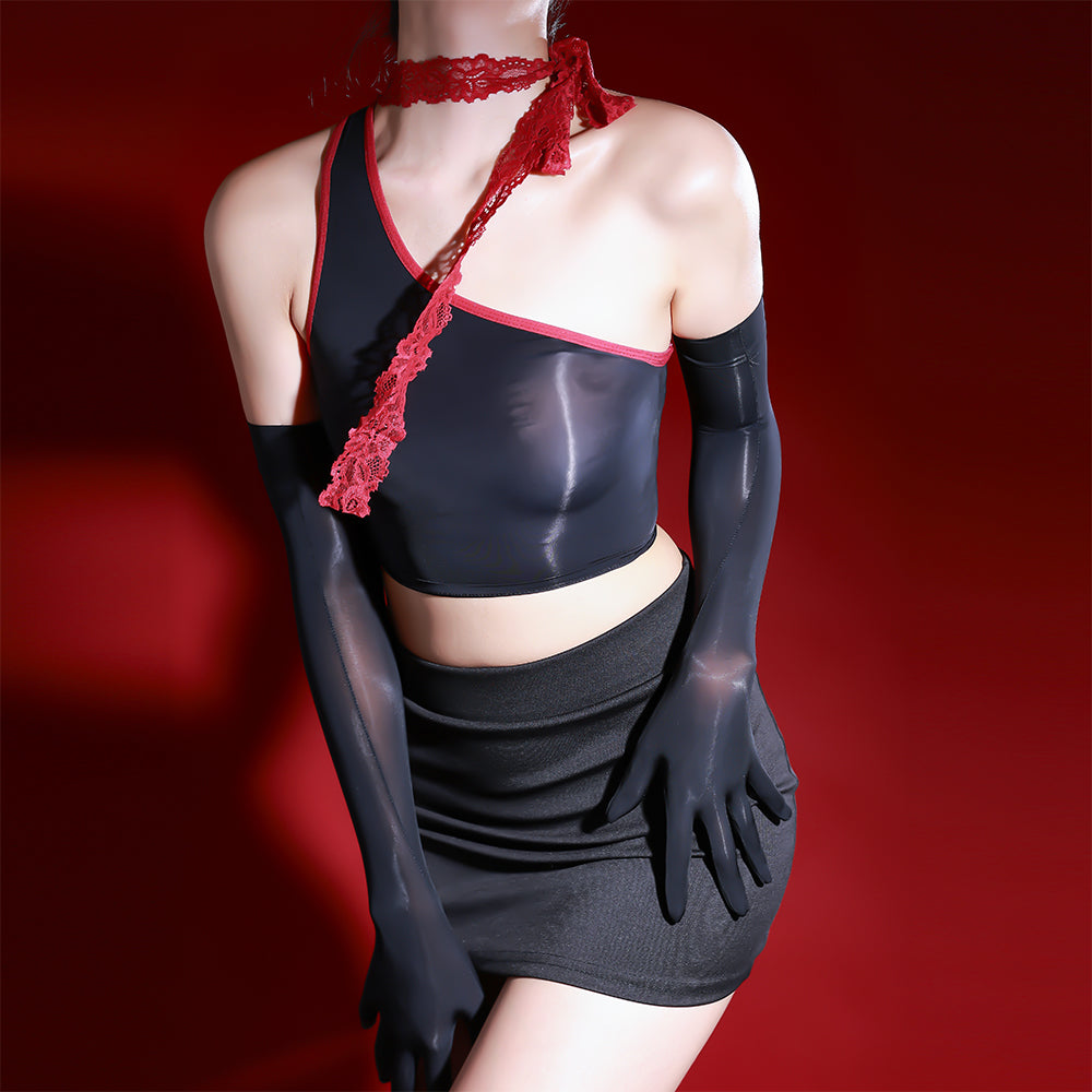 Glossy Oil Sheer Bodysuit with Lace Ribbon, Abstinent Style Lingerie