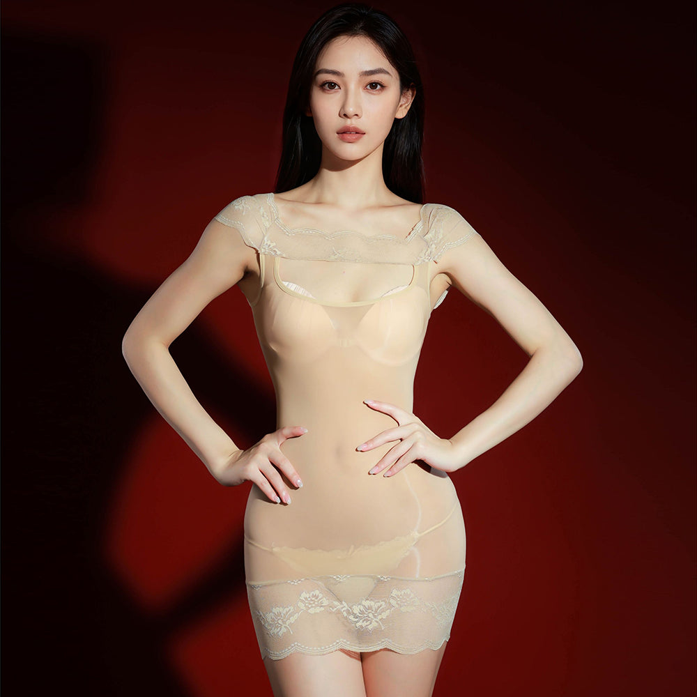 Lace Oil Sheen Ultra Thin One-piece Full Body Suspender Mini Dress For Women LYQ8005