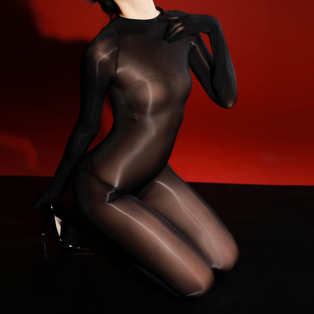 Glossy crotch-open sheer bodysuit