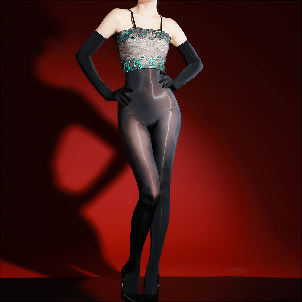 5D Ultra Sheer Glossy Lace Suspender Bodysuit with gloves