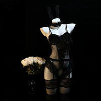 Closeup of chest cutout detail with sheer overlay on white bunny lingerie thumbnail