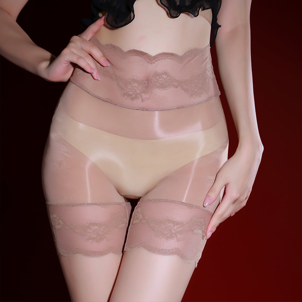 Plus Size Seamless Lace Black Oil Sheen Ultra Thin Easy Take Off Sexy Hosiery