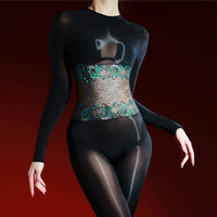Black glossy long-sleeve bodysuit with a teal floral lace midriff panel thumbnail