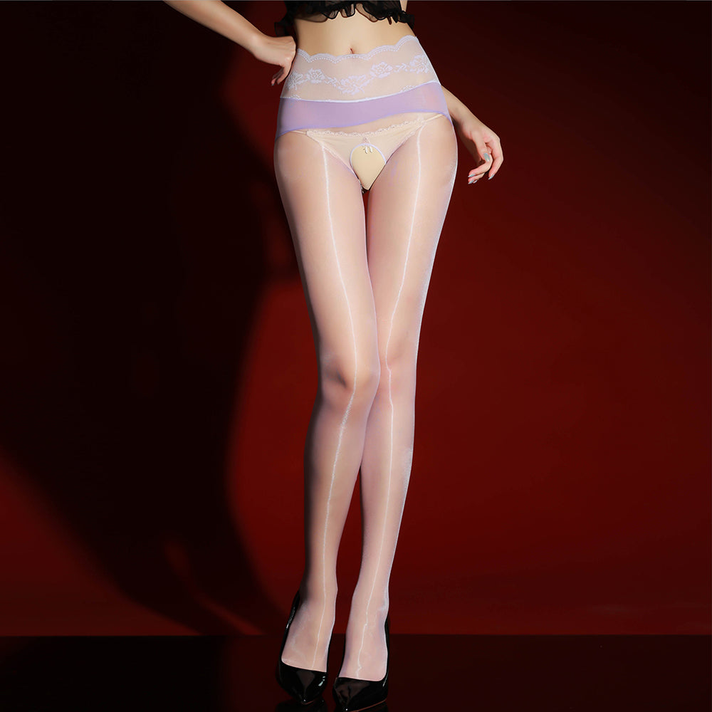 IOO&SILK oil sheen pantyhose in lilac with a lace waistband over a lilac band, full-length view
