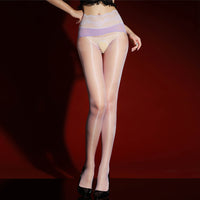IOO&SILK oil sheen pantyhose in lilac with a lace waistband over a lilac band, full-length view thumbnail