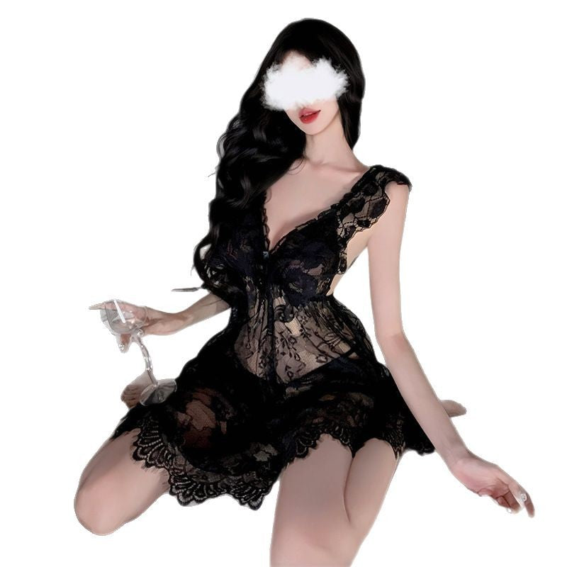 Detail of sheer fabric overlay with lace pattern on seductive nightdress