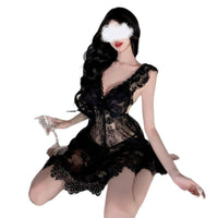 Detail of sheer fabric overlay with lace pattern on seductive nightdress thumbnail