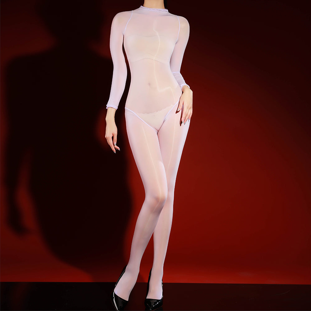 Glossy crotch-open sheer bodysuit