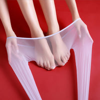White IOO&SILK glossy pantyhose held open, showing the waistband and the sheer leg thumbnail