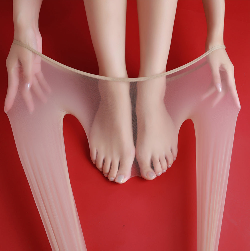 IOO&SILK glossy sheer pantyhose in nude, held open to show the leg shape and brief
