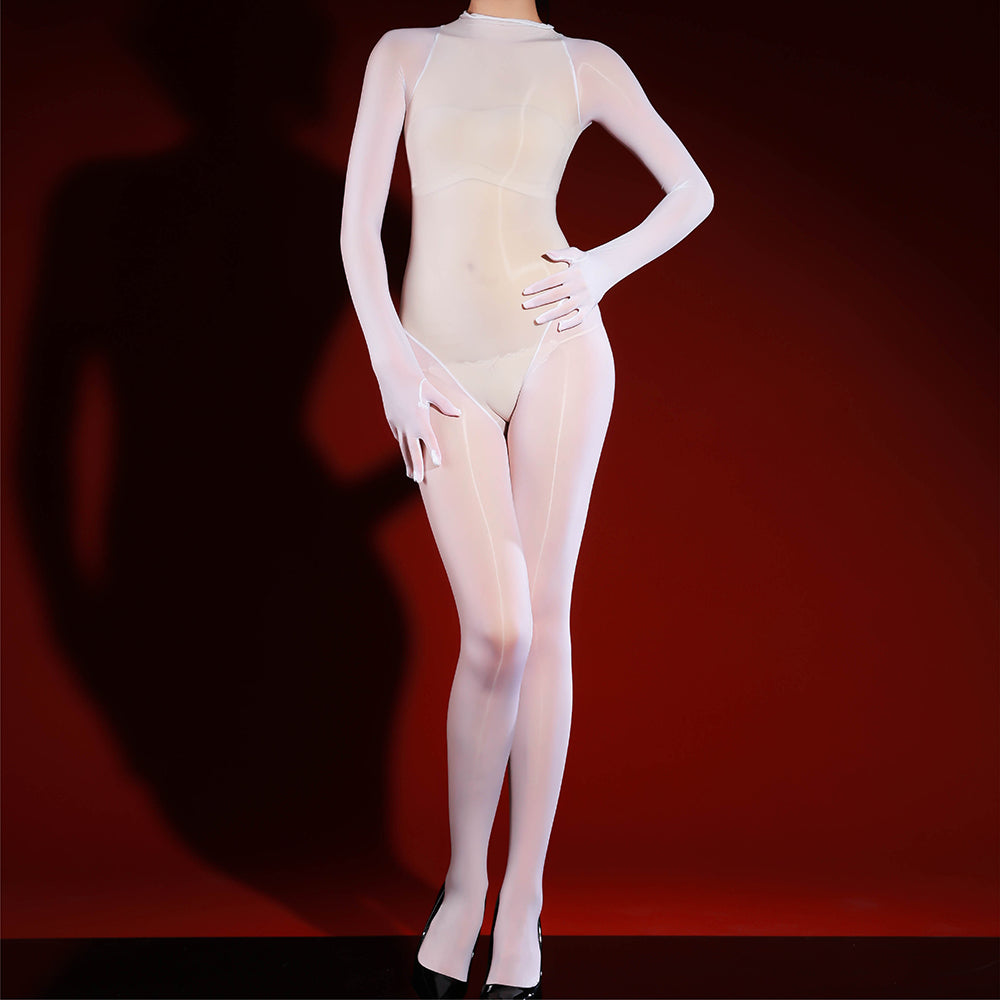 Glossy crotch-open sheer bodysuit