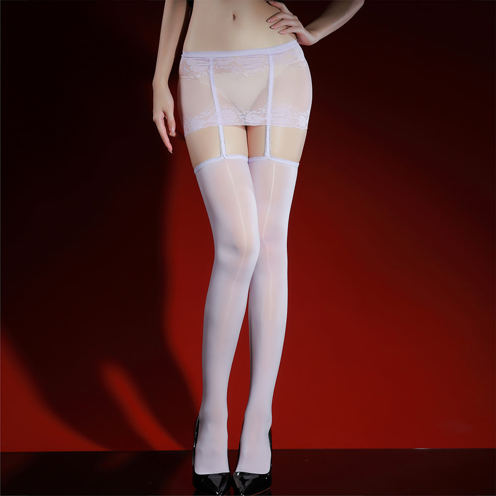 Seamless Black Lace Over-the-Knee Garter Stockings, Glossy Wet-Look Hosiery for Women