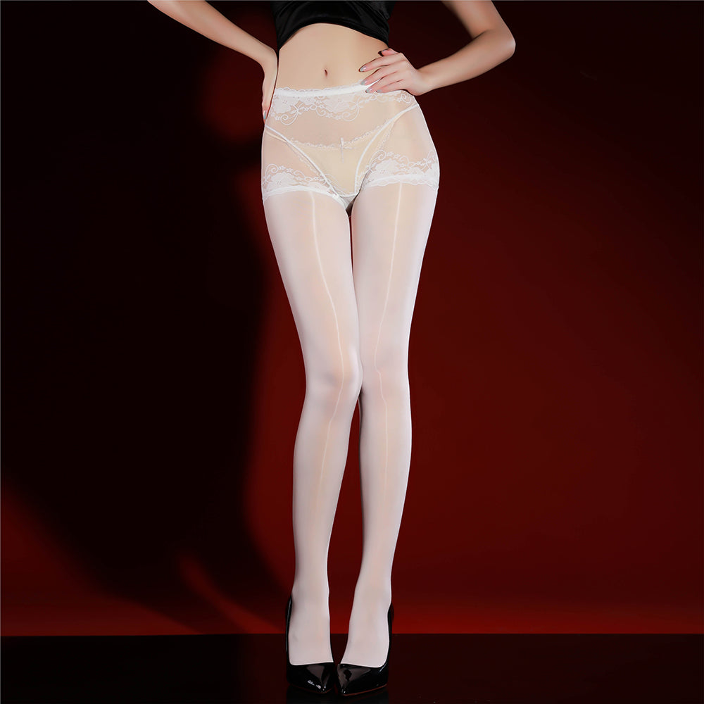 IOO&SILK lace waist pantyhose in white, worn with black pumps, full-length view