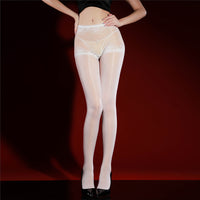 IOO&SILK lace waist pantyhose in white, worn with black pumps, full-length view thumbnail