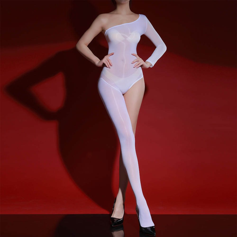 White glossy crotch-open sheer bodysuit