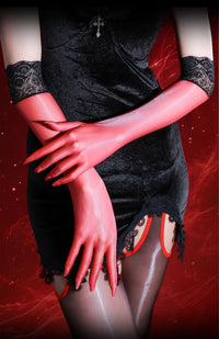 Red opera-length sheer gloves with black lace cuffs, shown with red-strap stockings thumbnail