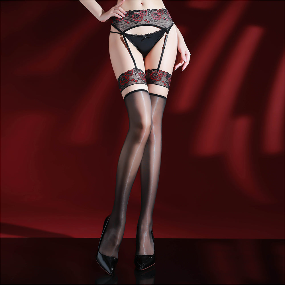 Lace suspender lingerie, crotch open aurora glossy black sheer stockings